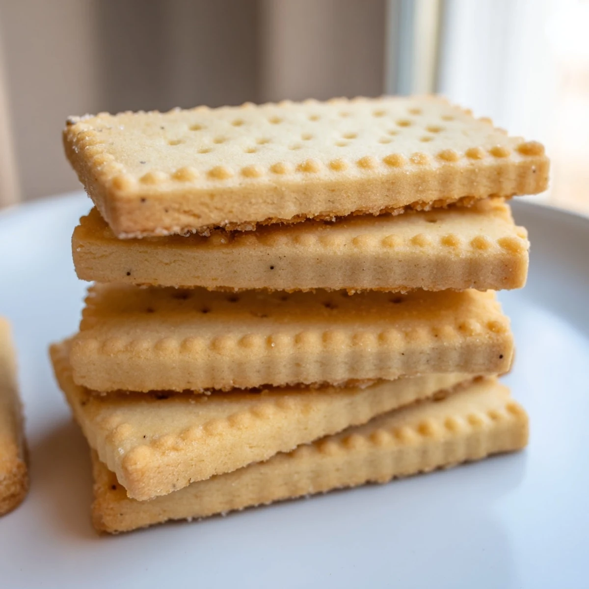 Golden French Petit Beurre cookies arranged on a rustic wooden board beside steaming tea