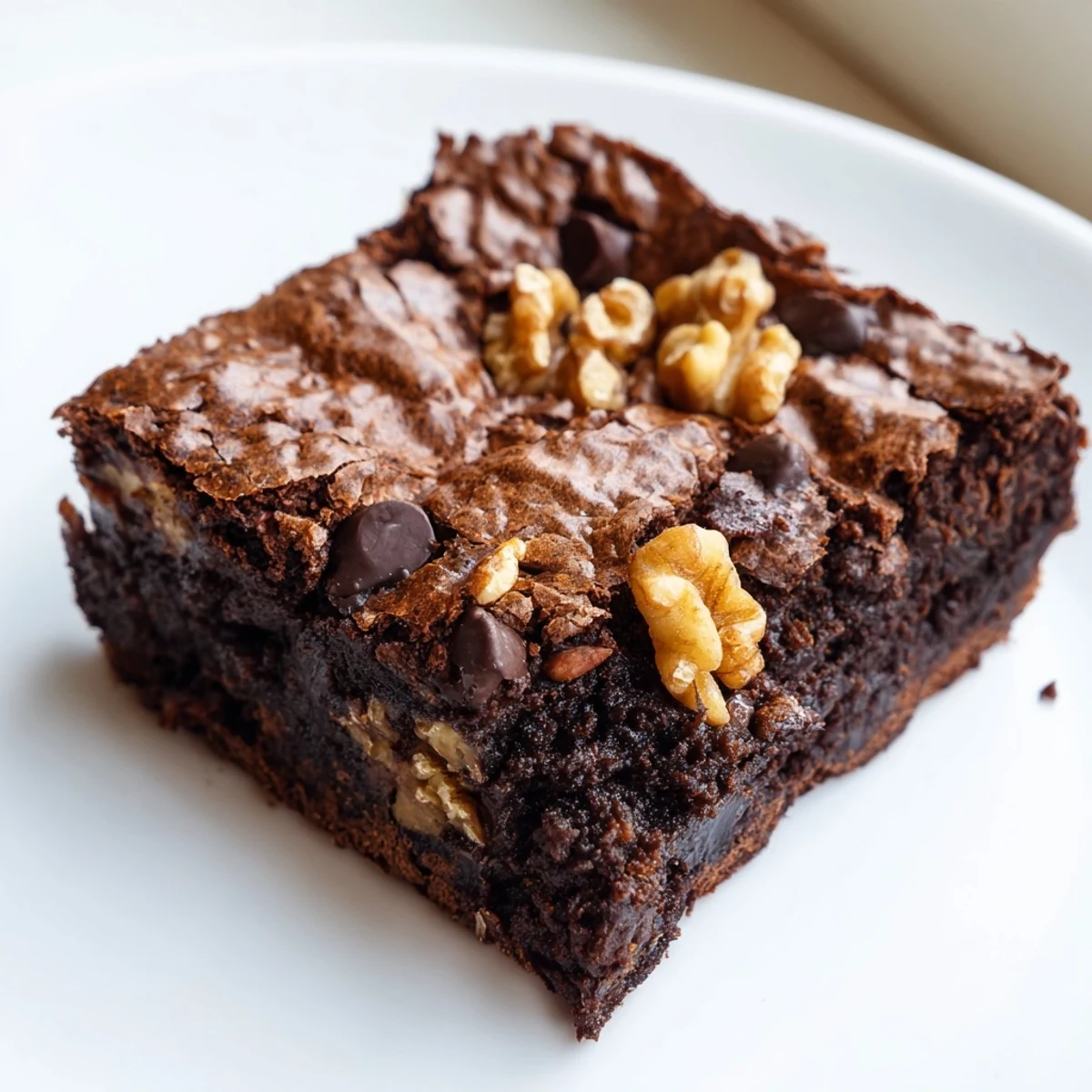 Decadent dark chocolate brownies cut into squares, topped with chopped walnuts