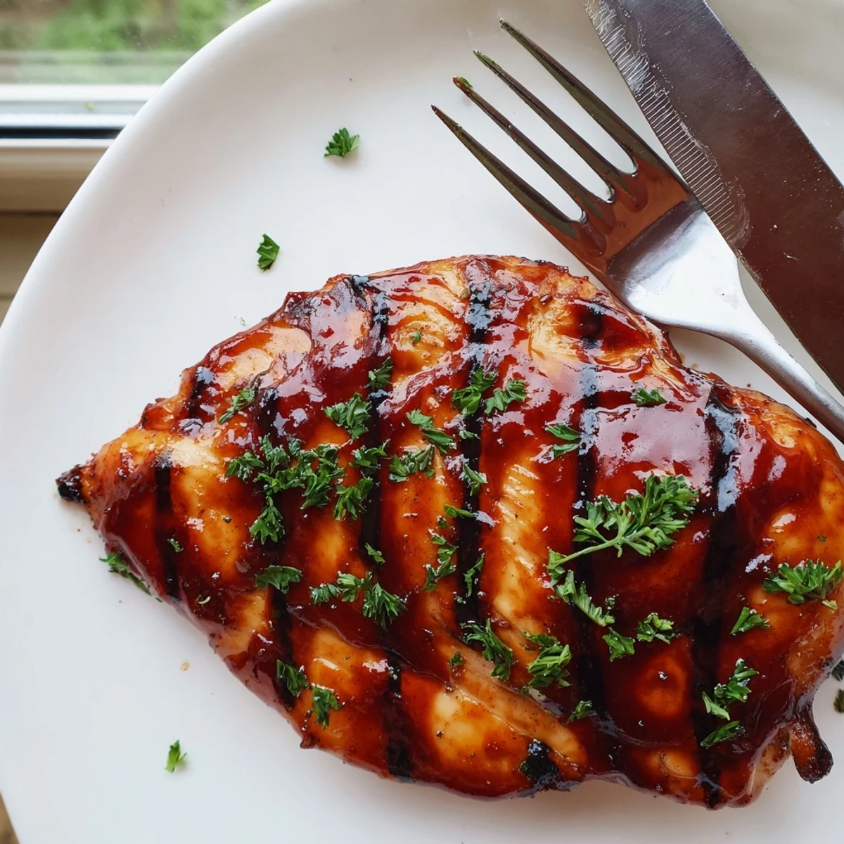 Crispy grilled Coca Cola glazed chicken breast with sticky caramelized edges on a rustic plate