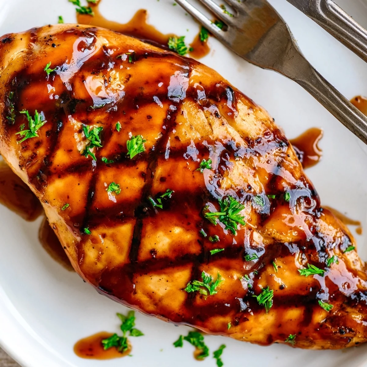 Golden Coca Cola glazed chicken breast sliced open revealing tender juicy meat with fresh parsley