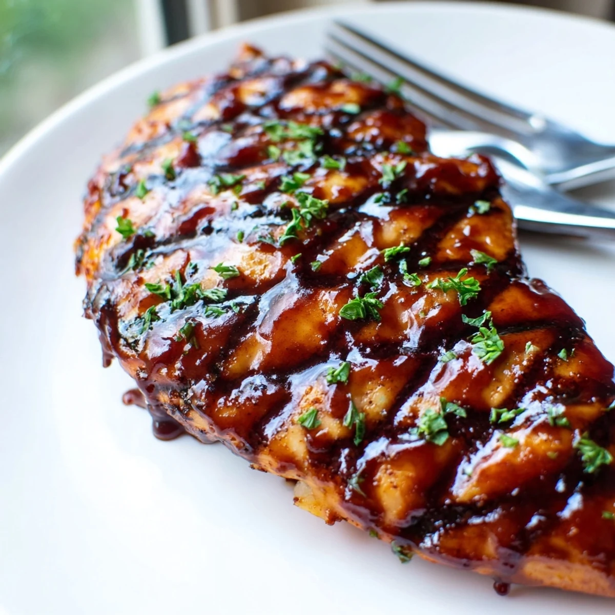 Smoky grilled Coca Cola glazed chicken breast glistening with glossy sweet barbecue sauce alongside summer sides
