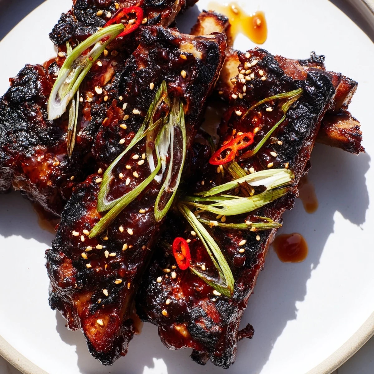 Glazed Korean BBQ lamb ribs garnished with scallions and sesame seeds