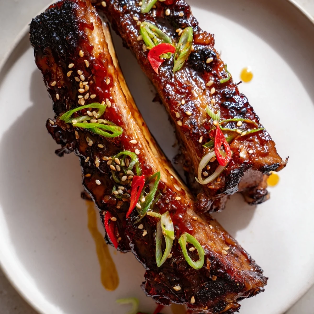 Caramelized Korean BBQ lamb ribs drizzled with bright yuzu citrus juice