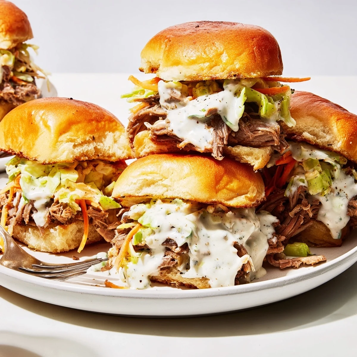 Juicy Alabama white sauce pulled lamb sliders piled high with crunchy creamy slaw on toasted buns