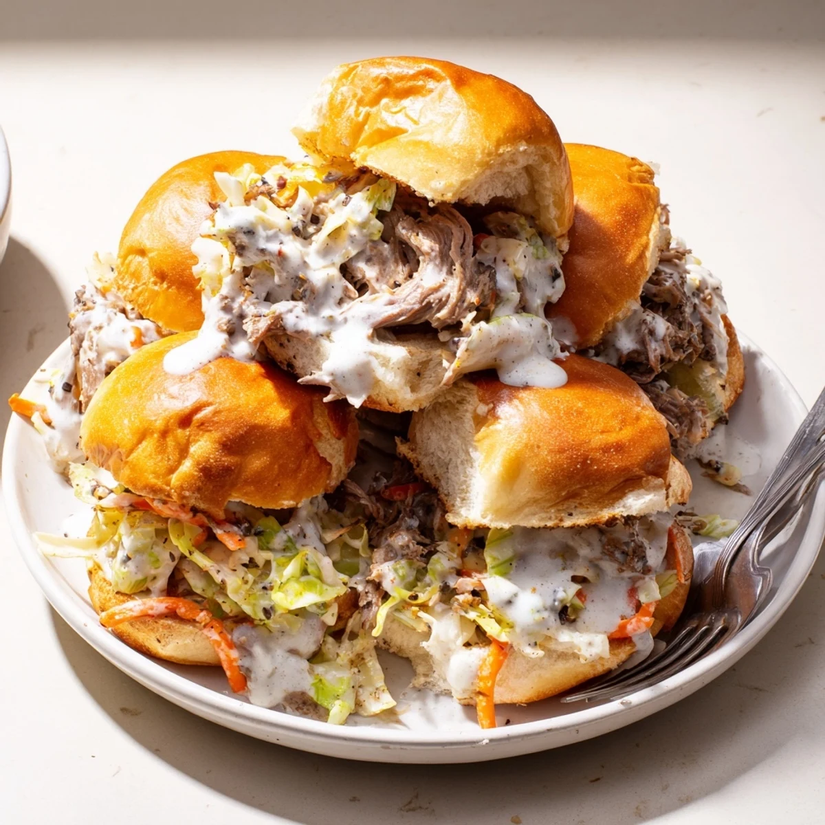 Tangy Alabama white sauce pulled lamb sliders glistening on soft golden slider buns at a backyard party