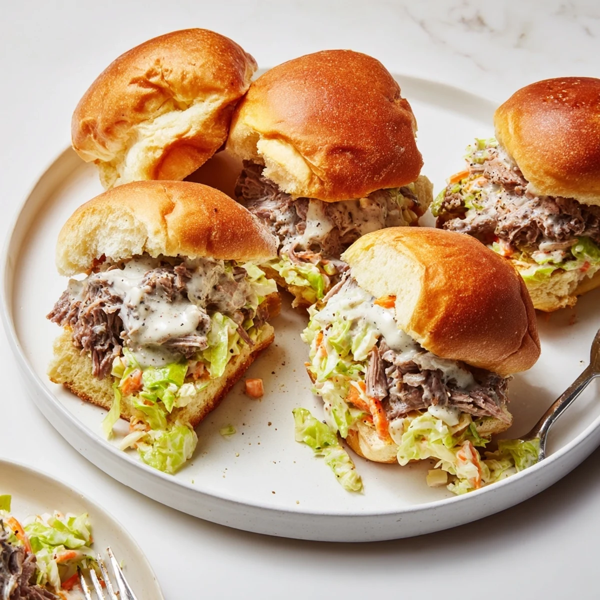 Crisp coawslaw crowning tender Alabama white sauce pulled lamb sliders drizzled with creamy peppery sauce