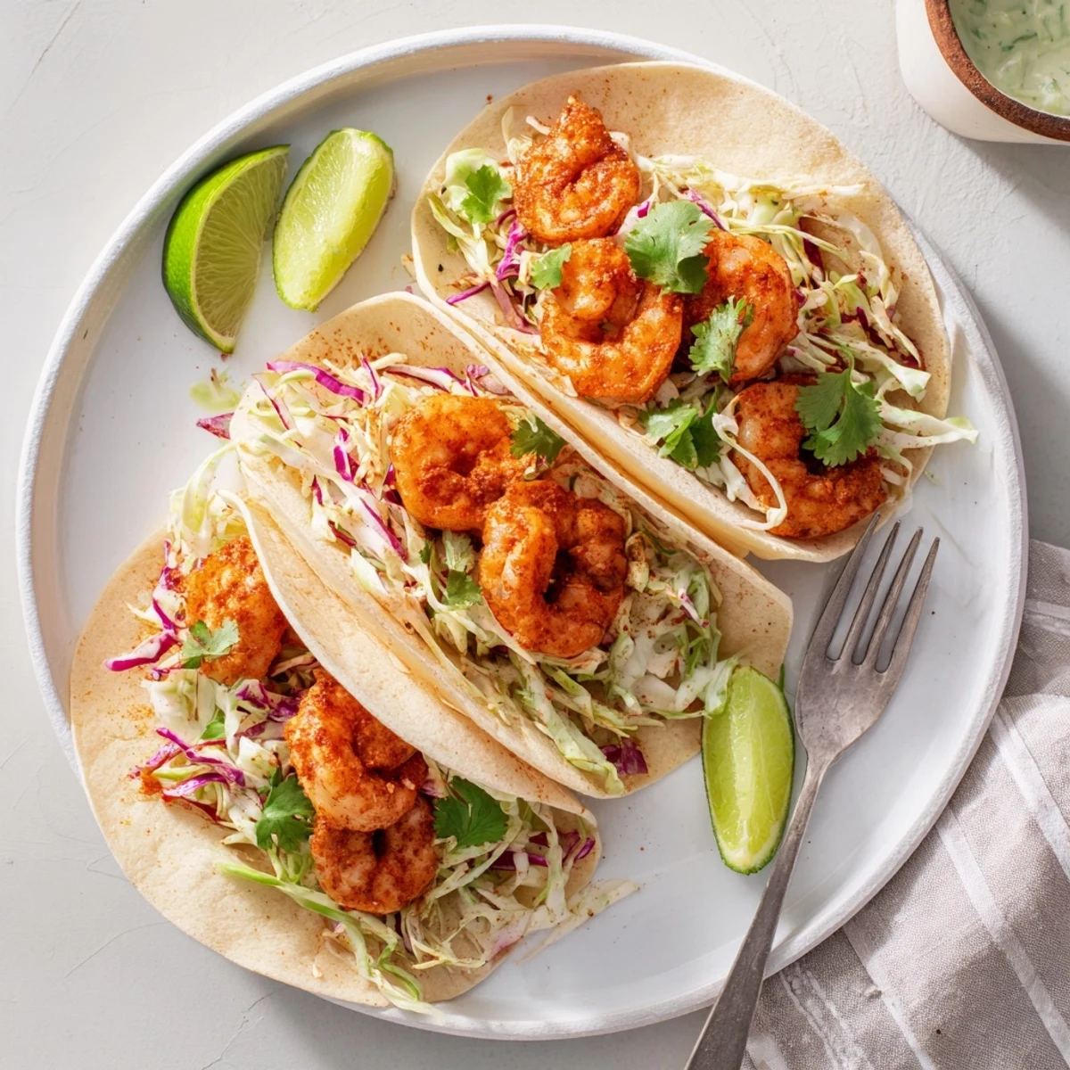 Crispy garlic cilantro lime slaw piled high inside spicy shrimp tacos on a rustic plate.