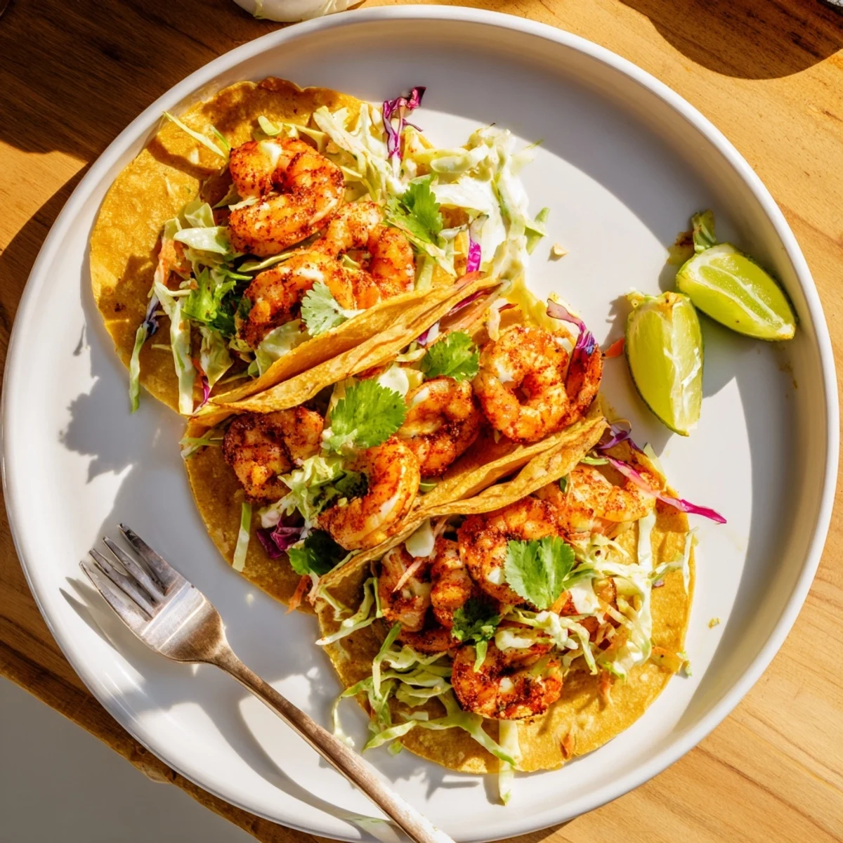 Golden seared spicy shrimp tacos drizzled with creamy cilantro lime slaw and fresh lime wedges.