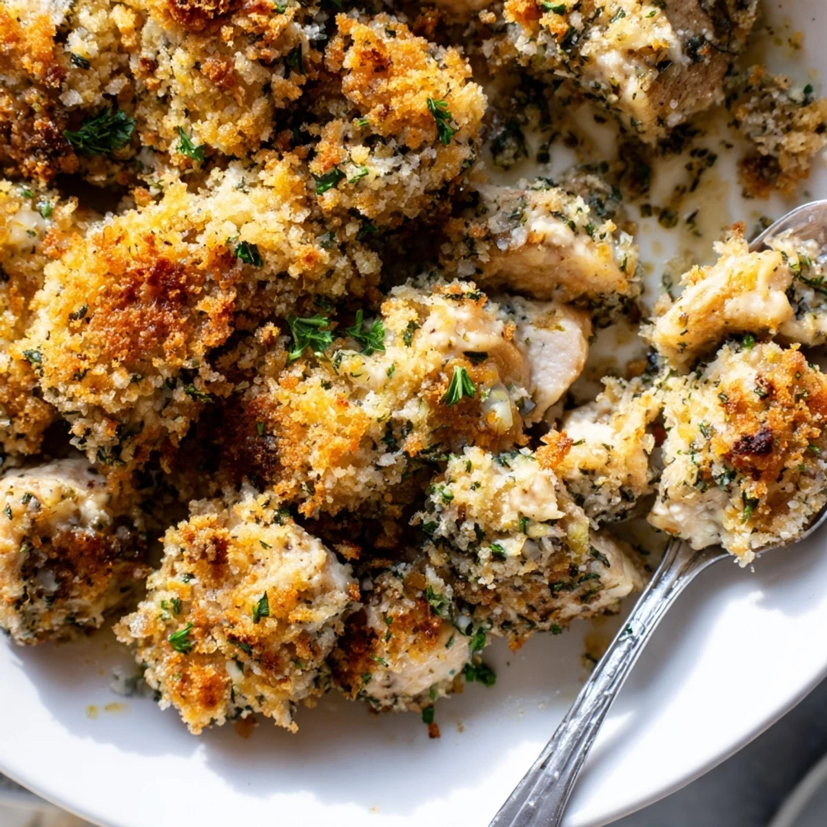 Golden crispy breadcrumb topping on bubbling Chicken Kiev Casserole fresh from the oven.