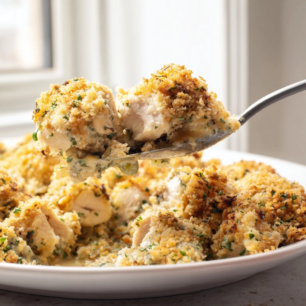 Creamy garlic herb sauce coats tender chicken in this warm Chicken Kiev Casserole.