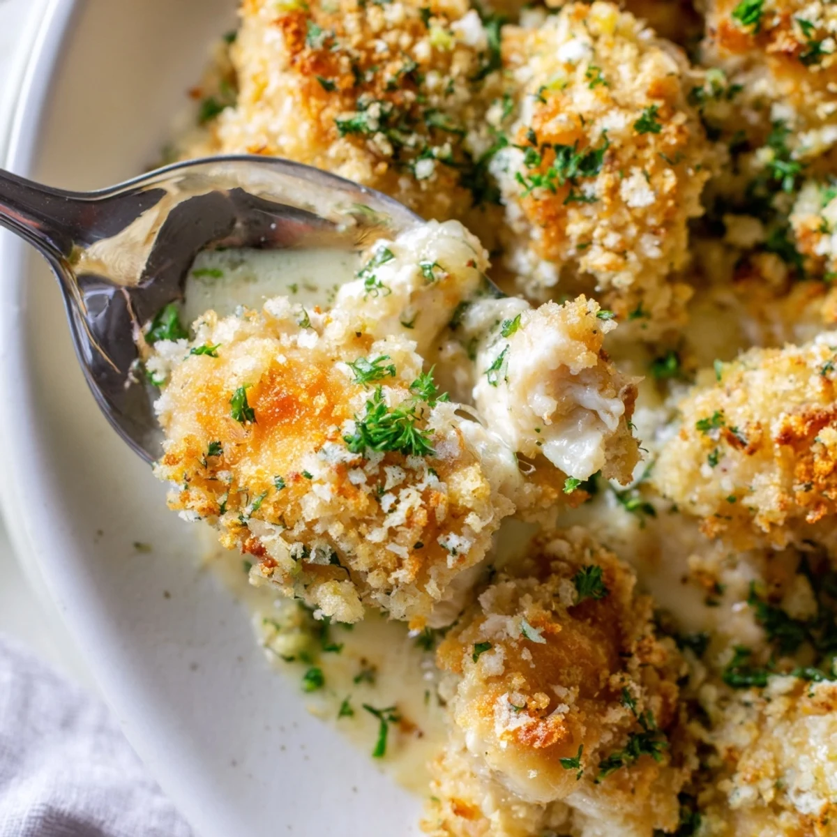 Serving spoon lifts juicy chicken and crispy breadcrumbs from a baked Chicken Kiev Casserole.