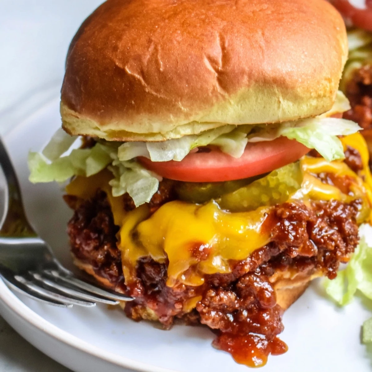 Juicy smash burger sloppy joes piled high on a golden toasted bun with melted cheese