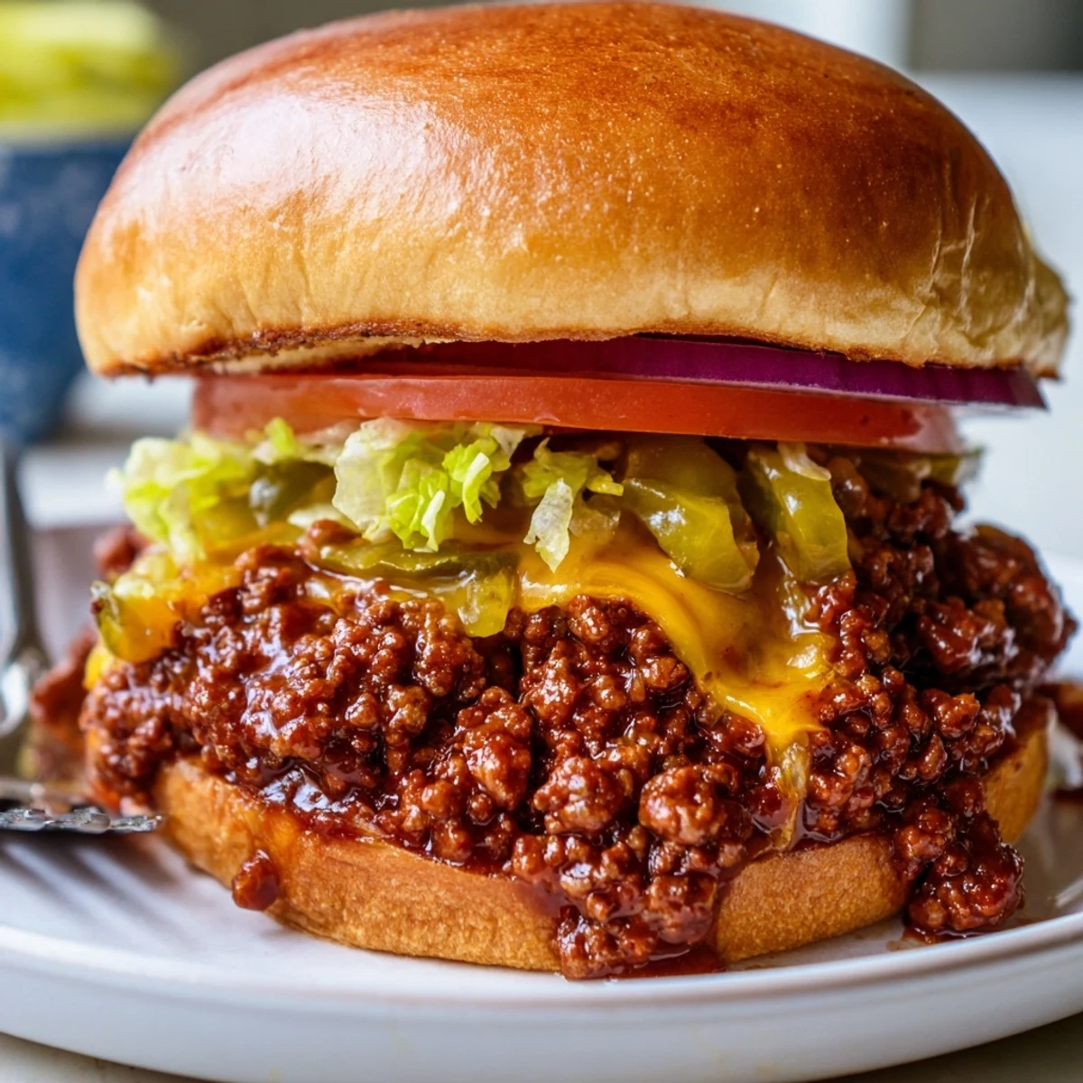 Saucy smash burger sloppy joes bubbling in a skillet ready for toasted hamburger buns