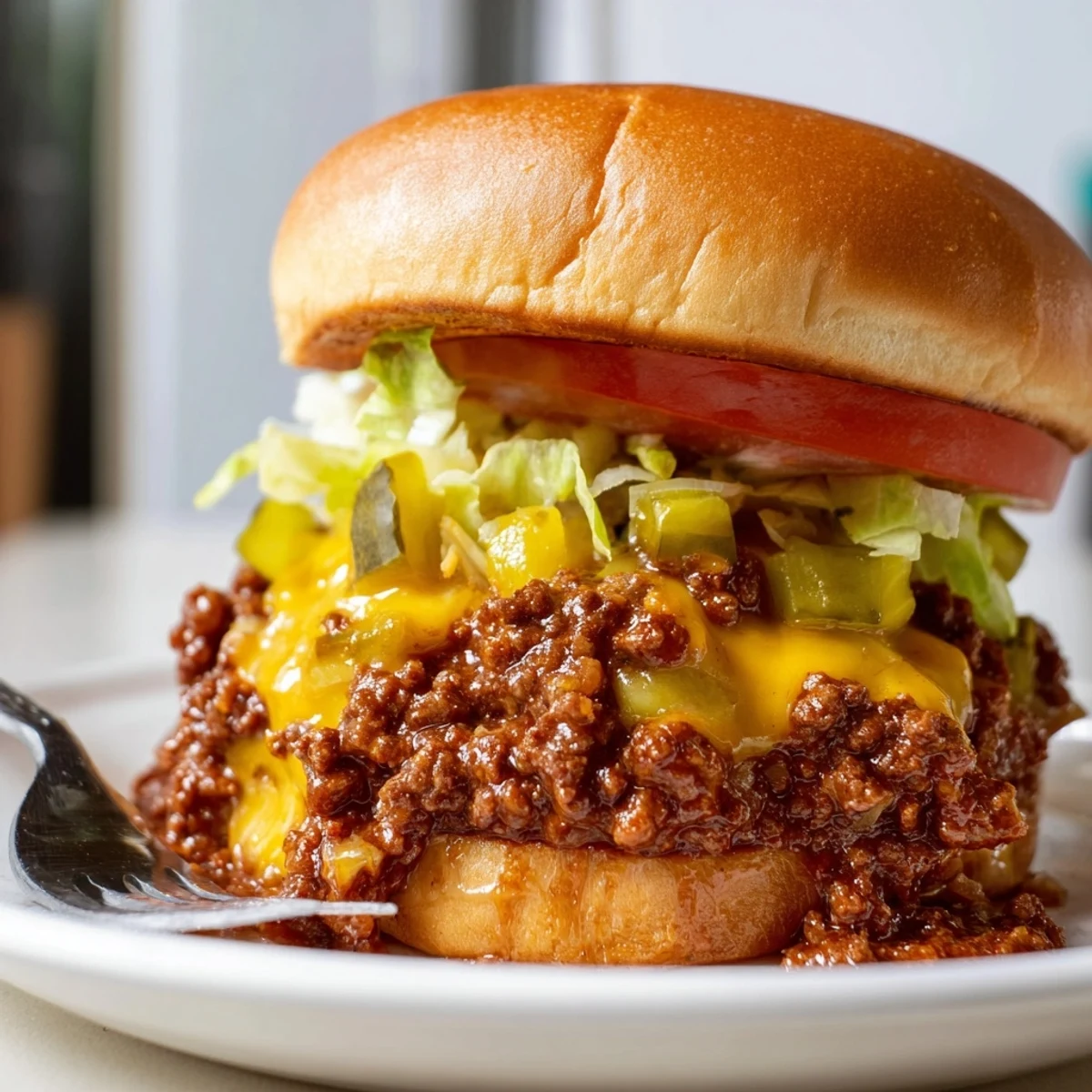Cheesy smash burger sloppy joes served open-faced with pickles lettuce and a crispy edge