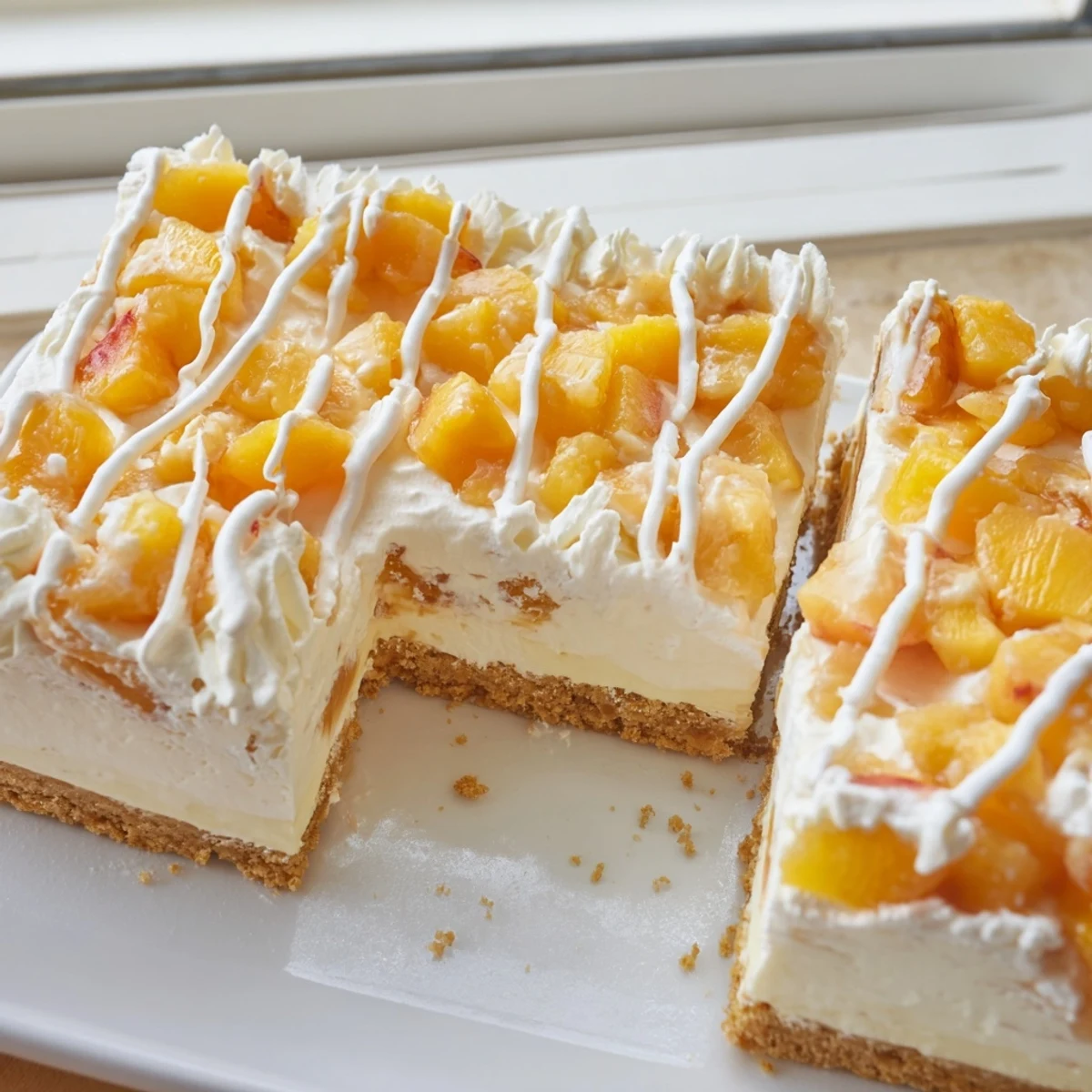 Creamy Peaches and Cream Cheesecake Bars sliced over a golden graham cracker crust