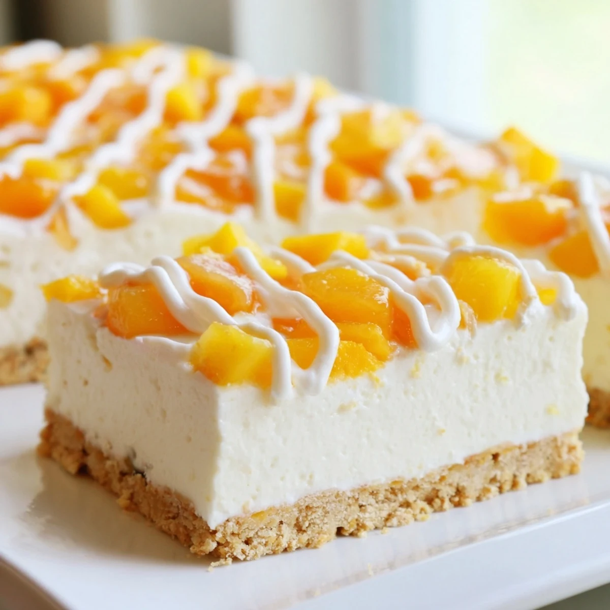 Chilled Peaches and Cream Cheesecake Bars with fresh peaches on a buttery crust