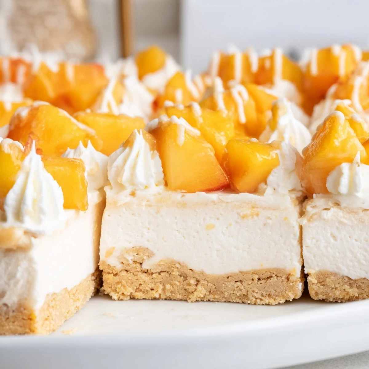 Golden Peaches and Cream Cheesecake Bars topped with juicy peach slices and cream drizzle
