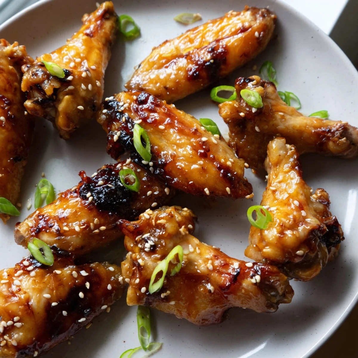 Steaming miso honey marinated chicken wings sprinkled with sesame seeds and sliced green onions