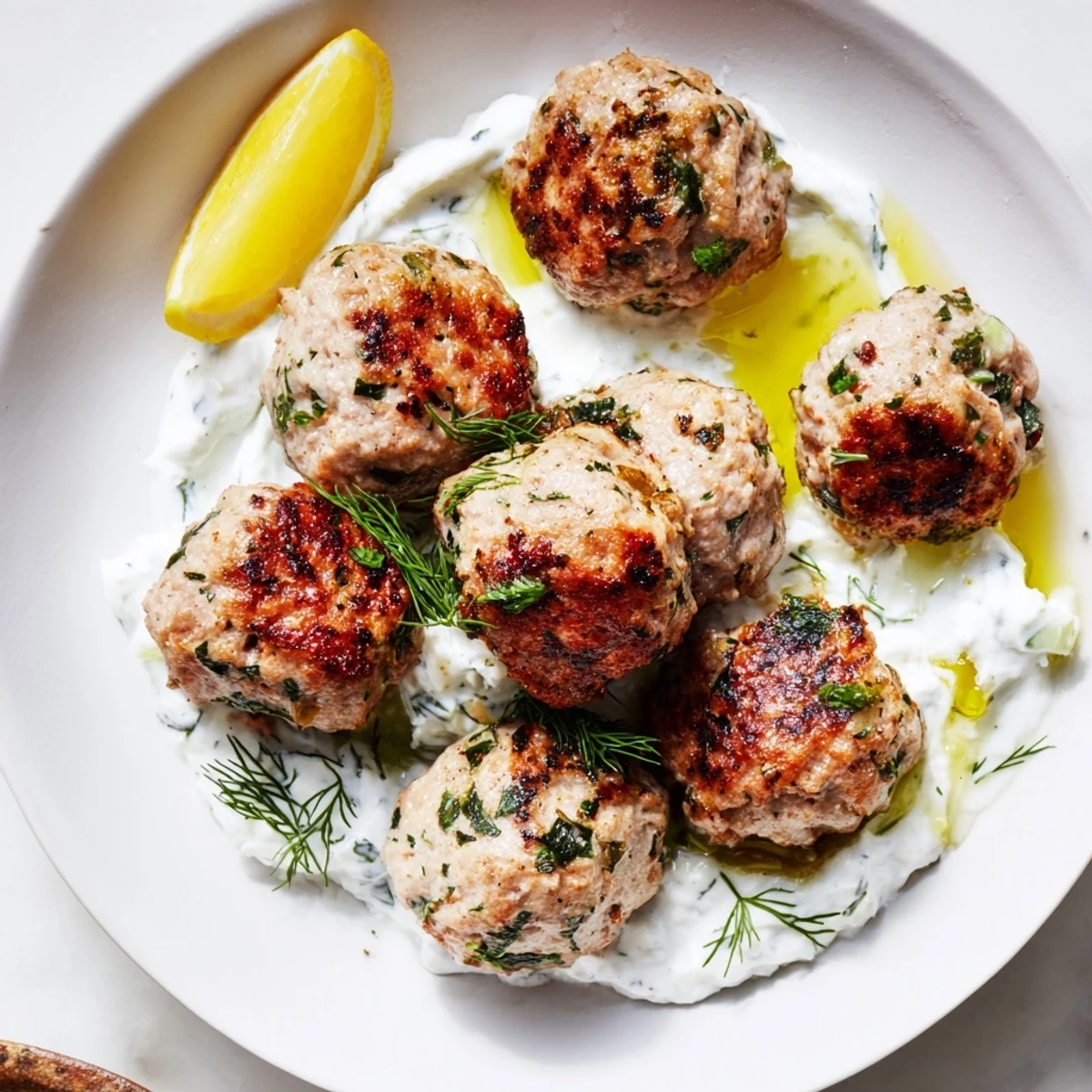Golden Greek turkey meatballs with herbed tzatziki sauce drizzled on top