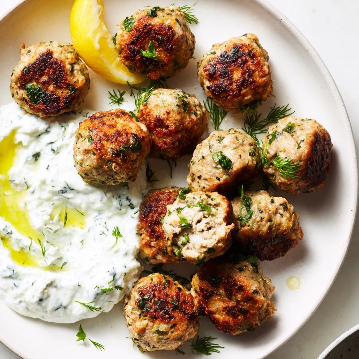 Juicy Greek turkey meatballs nestled beside cool, creamy cucumber tzatziki on a platter