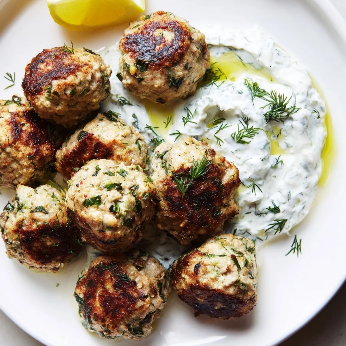 Crispy-skinned Greek turkey meatballs served with bright lemon wedges and fresh dill garnish