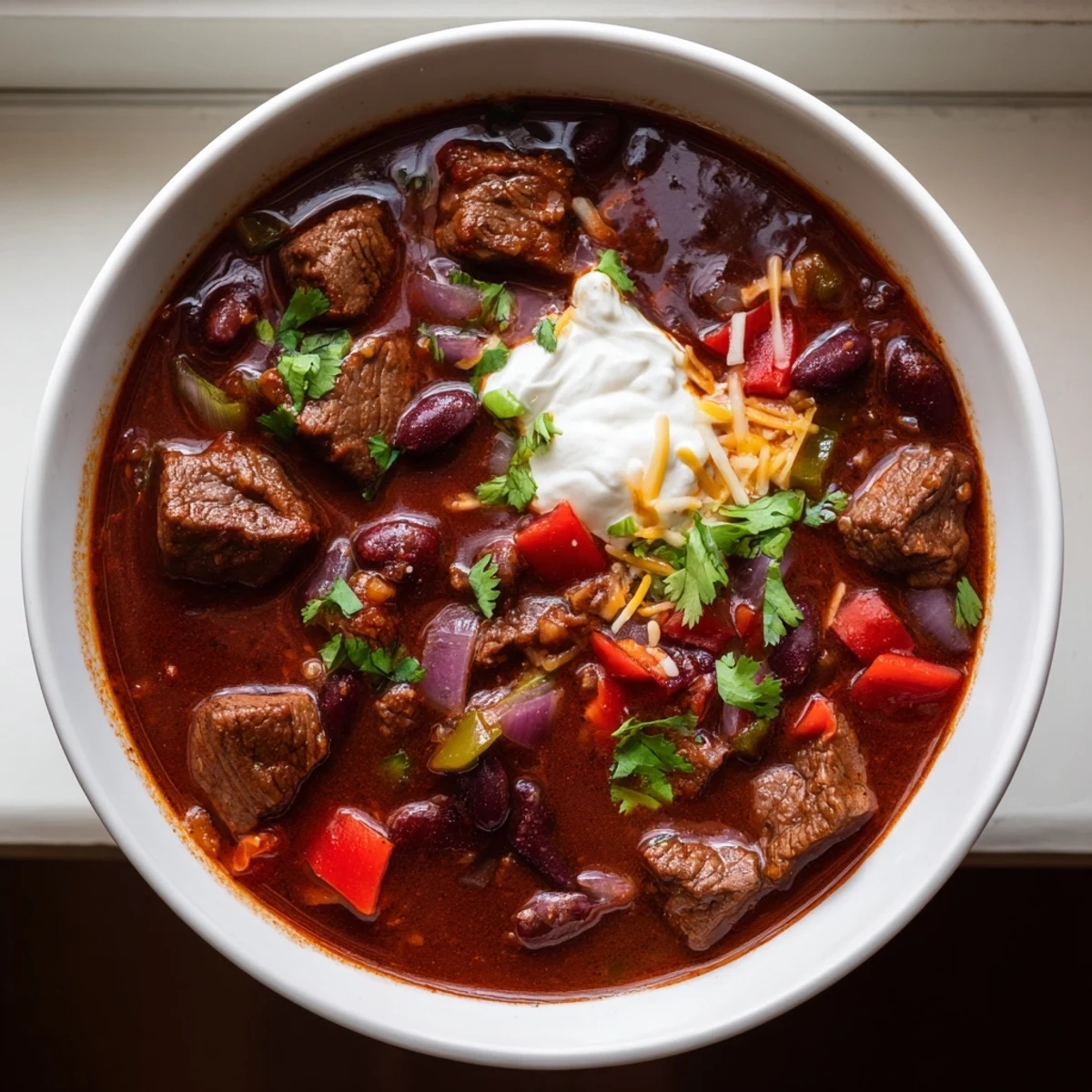 Hearty beefy chili stew loaded with tender beef chunks, beans, and rich tomato broth