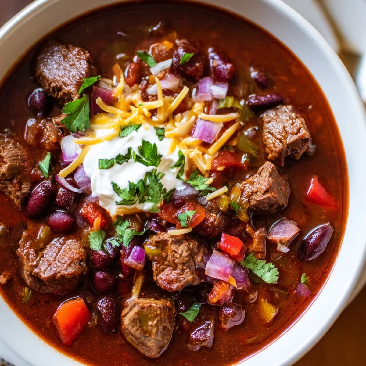 A steaming bowl of beefy chili stew topped with shredded cheese and fresh cilantro