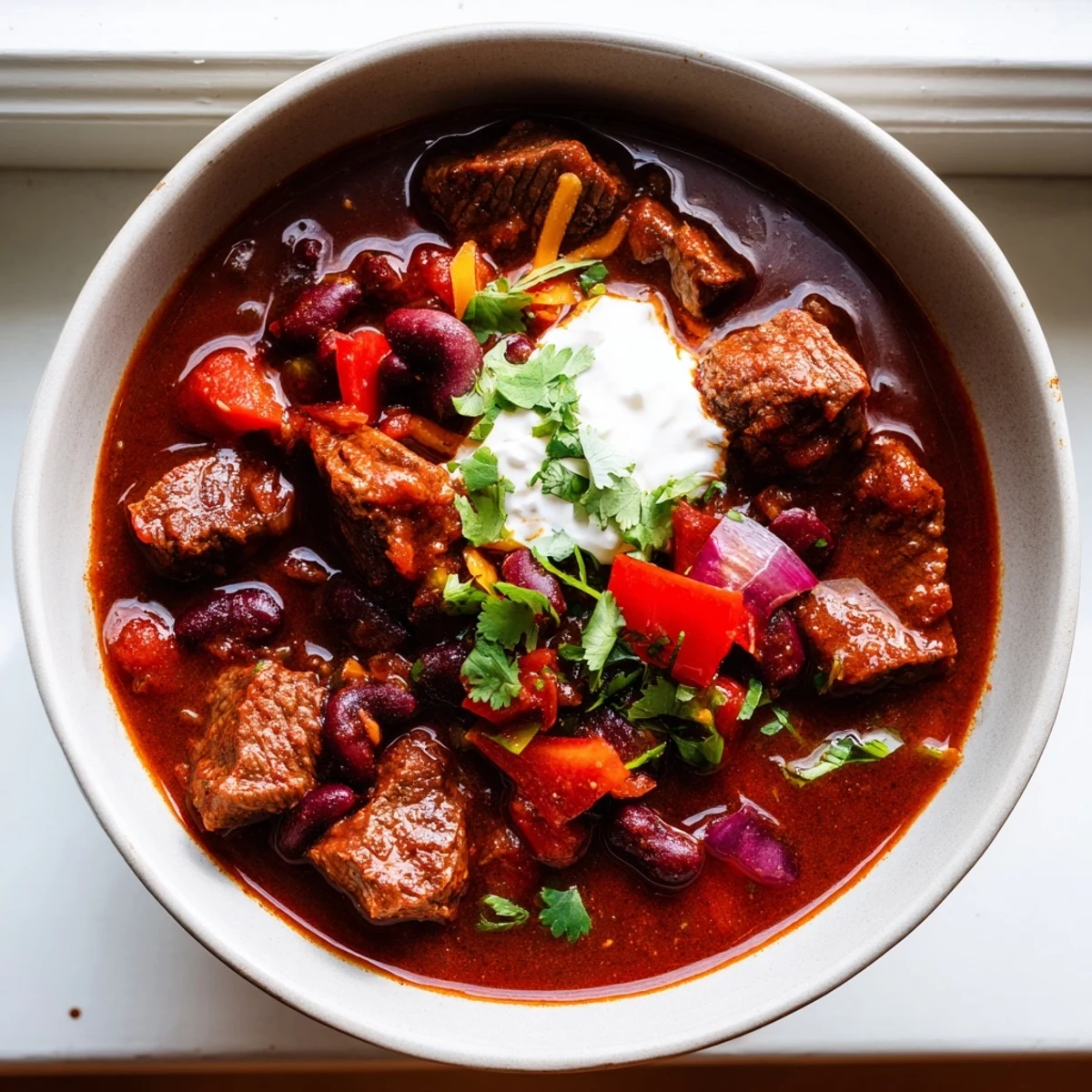 Thick beefy chili stew served in a rustic bowl alongside warm cornbread for dipping
