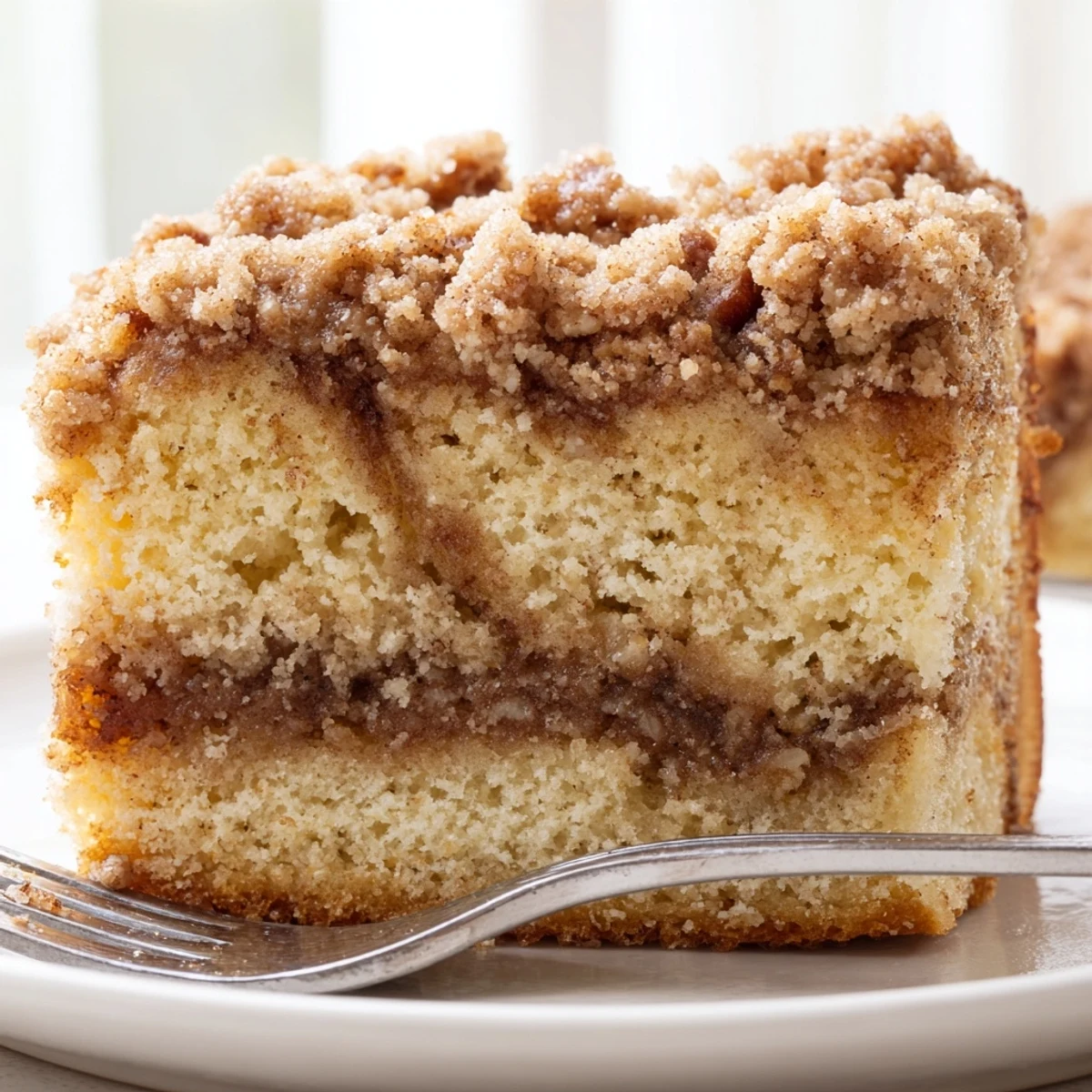 Golden Cinnamon Pecan Crunch Coffee Cake with a crumbly streusel topping fresh from the oven