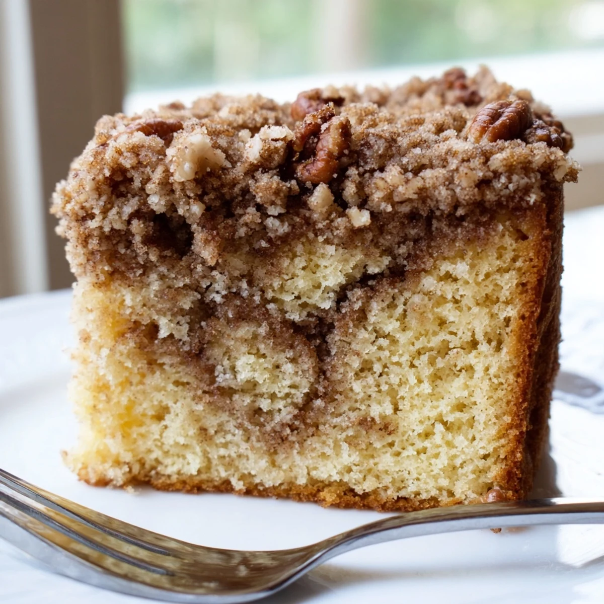 Warm slice of Cinnamon Pecan Crunch Coffee Cake showing tender crumb and spiced pecan layers