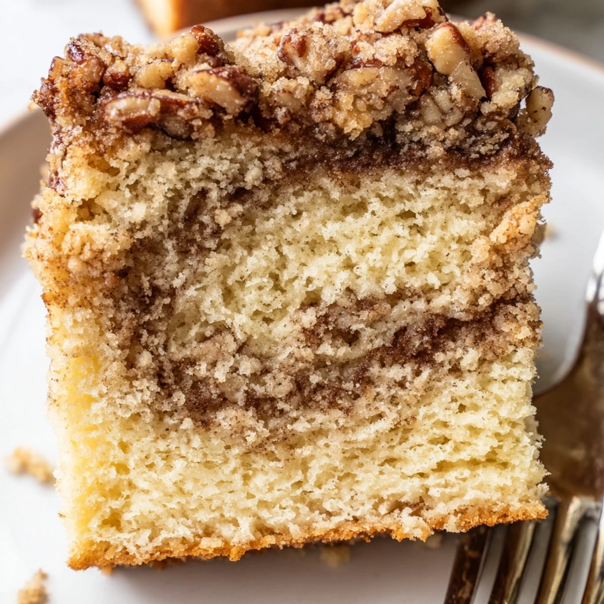 Cinnamon Pecan Crunch Coffee Cake baked in a rustic pan with a golden crunchy pecan crown