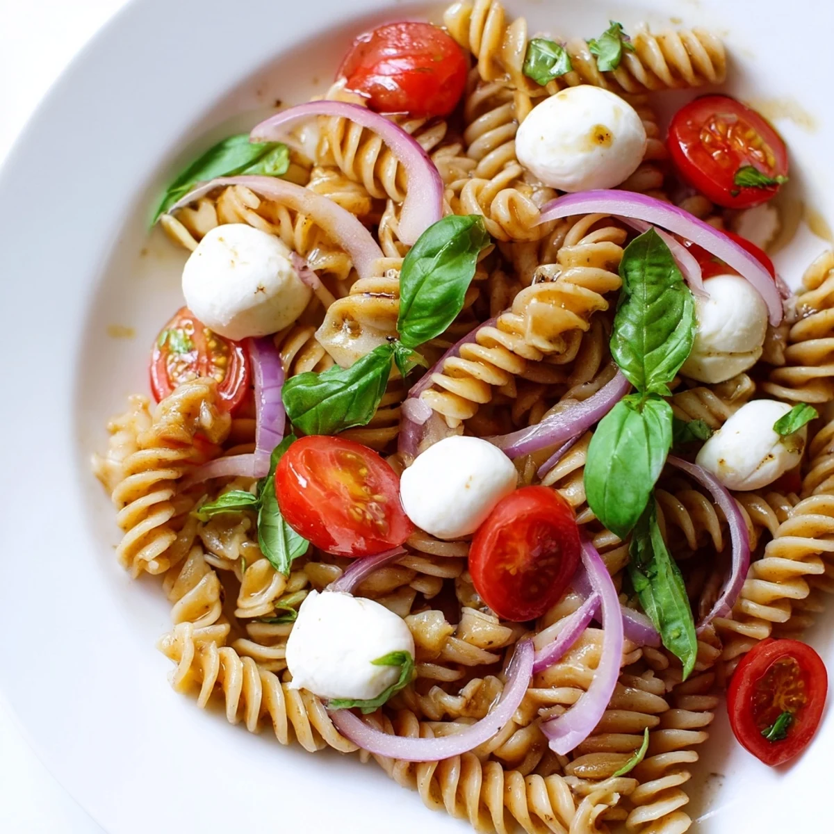 Colorful Caprese Pasta Salad featuring ripe cherry tomatoes, mozzarella, and fresh basil leaves tossed in balsamic vinaigrette
