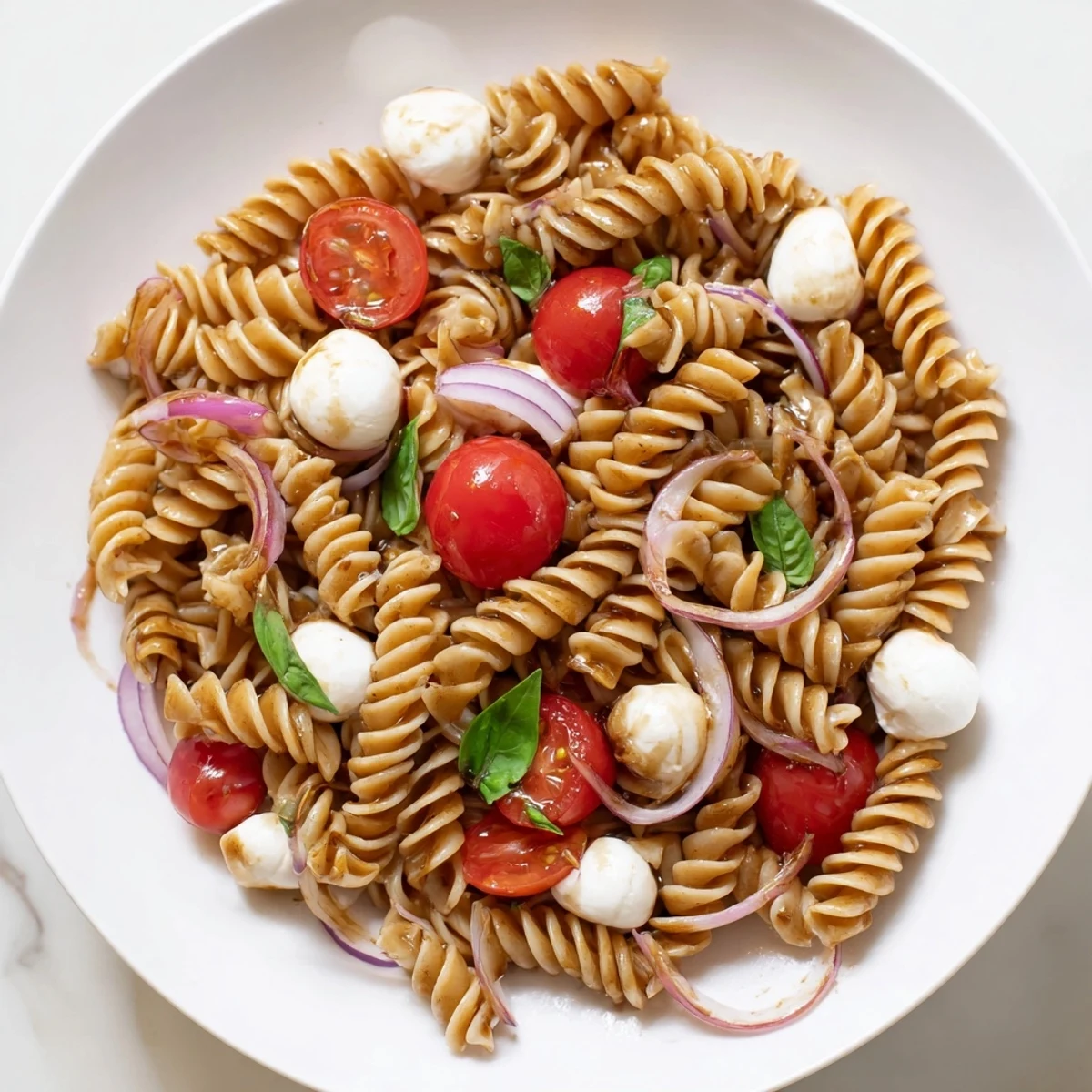 Steaming bowl of Caprese Pasta Salad garnished with torn basil and creamy mozzarella on a rustic wooden table
