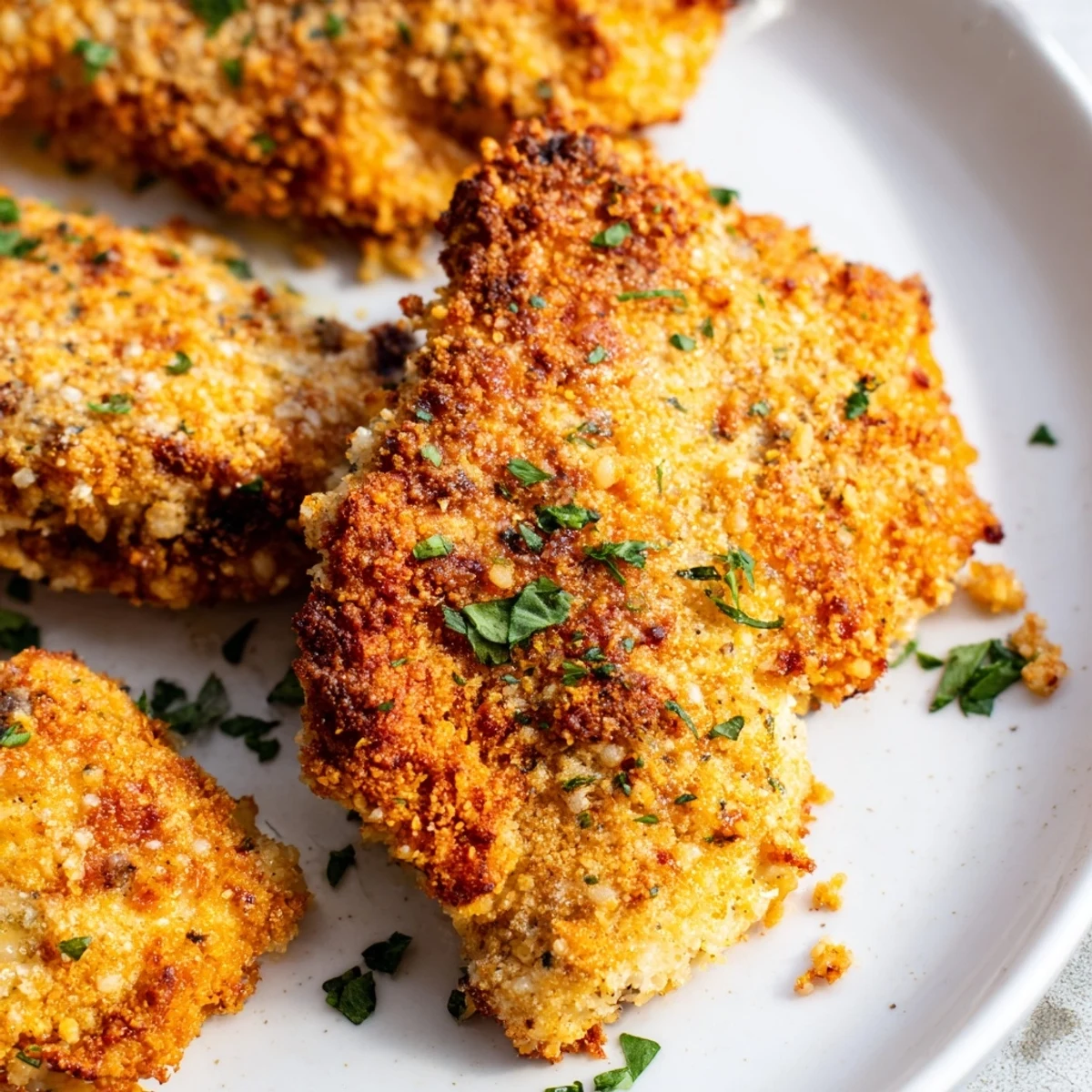 Crispy baked Paprika Parmesan Chicken garnished with parsley and bright lemon wedges