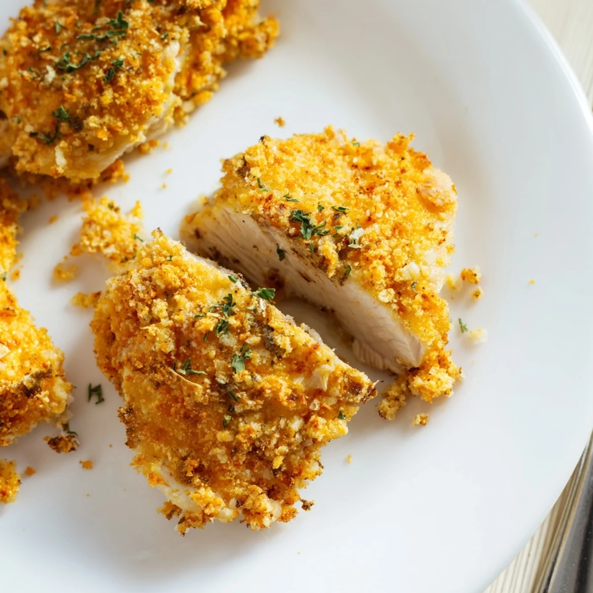 Juicy Paprika Parmesan Chicken sliced open revealing tender meat on a white plate