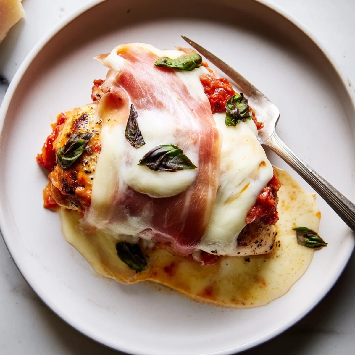 Golden chicken Valdostana topped with melted Fontina and savory prosciutto in rich tomato sauce