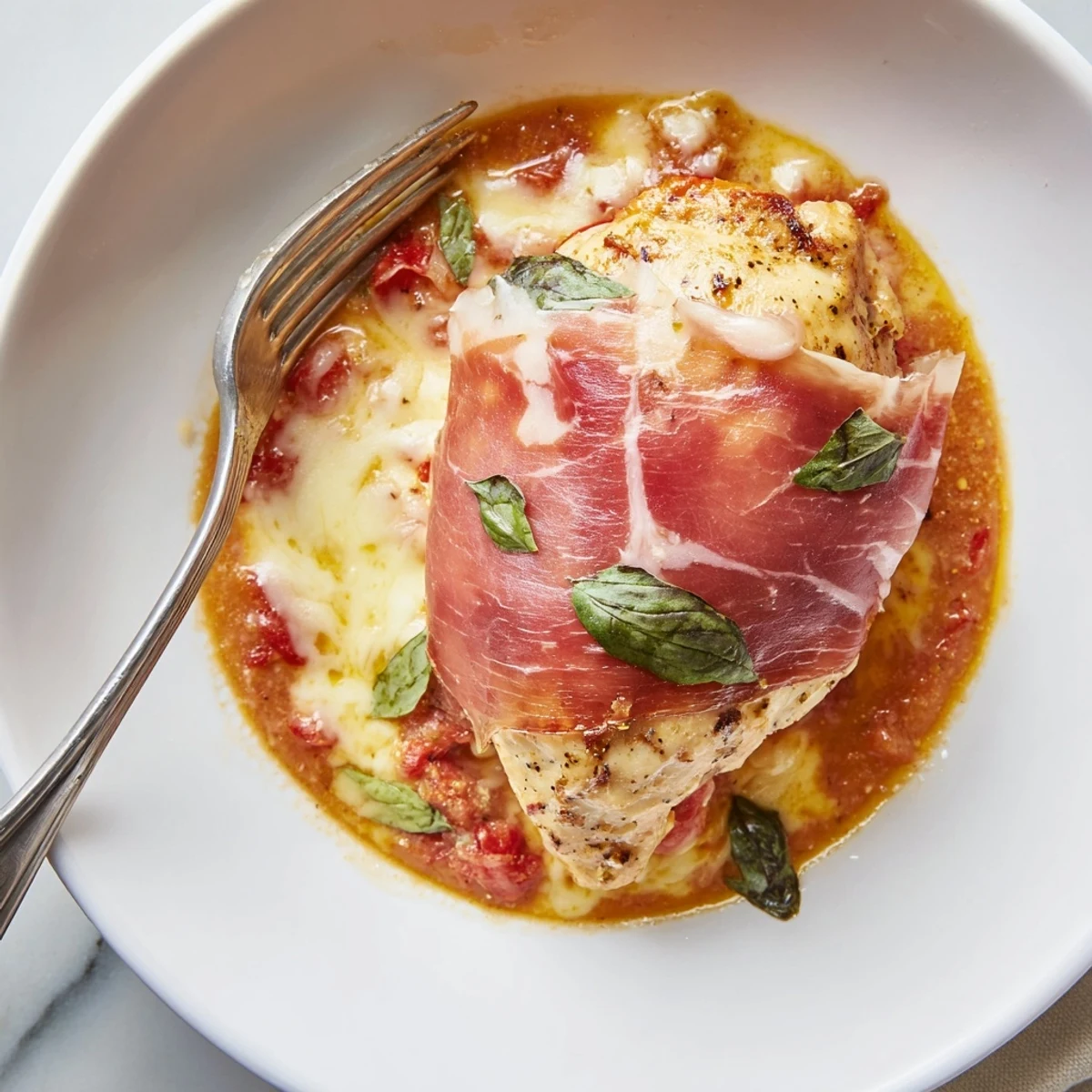 Tender chicken Valdostana smothered in creamy melted Fontina, prosciutto, and fragrant basil garnish