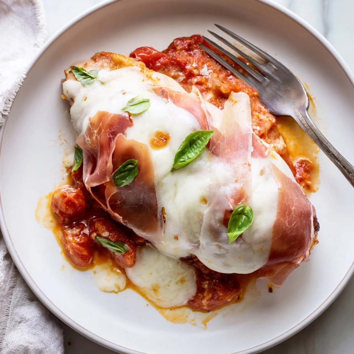 Crispy chicken Valdostana layered with prosciutto and bubbling cheese over a rustic white wine sauce