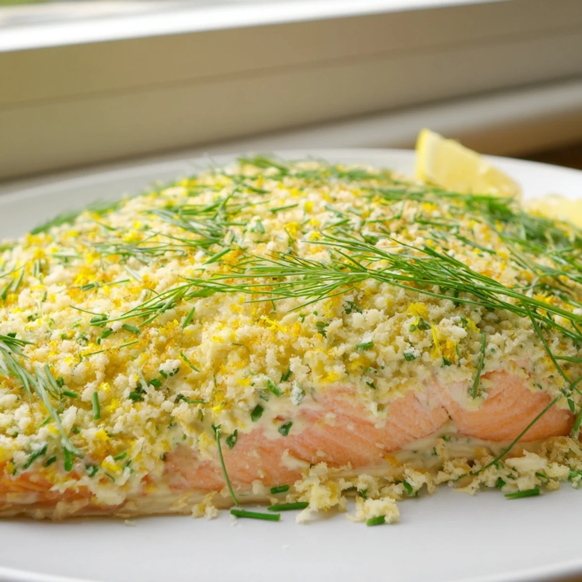 Tender Boursin salmon topped with melted herb cheese on a parchment-lined baking sheet