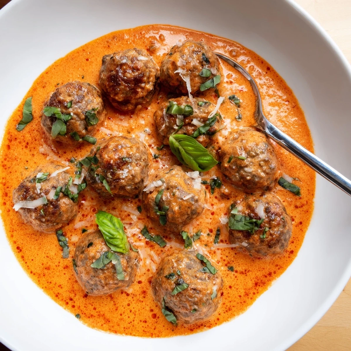 Golden brown creamy tomato basil meatballs swimming in a velvety red Parmesan sauce with fresh herb garnish