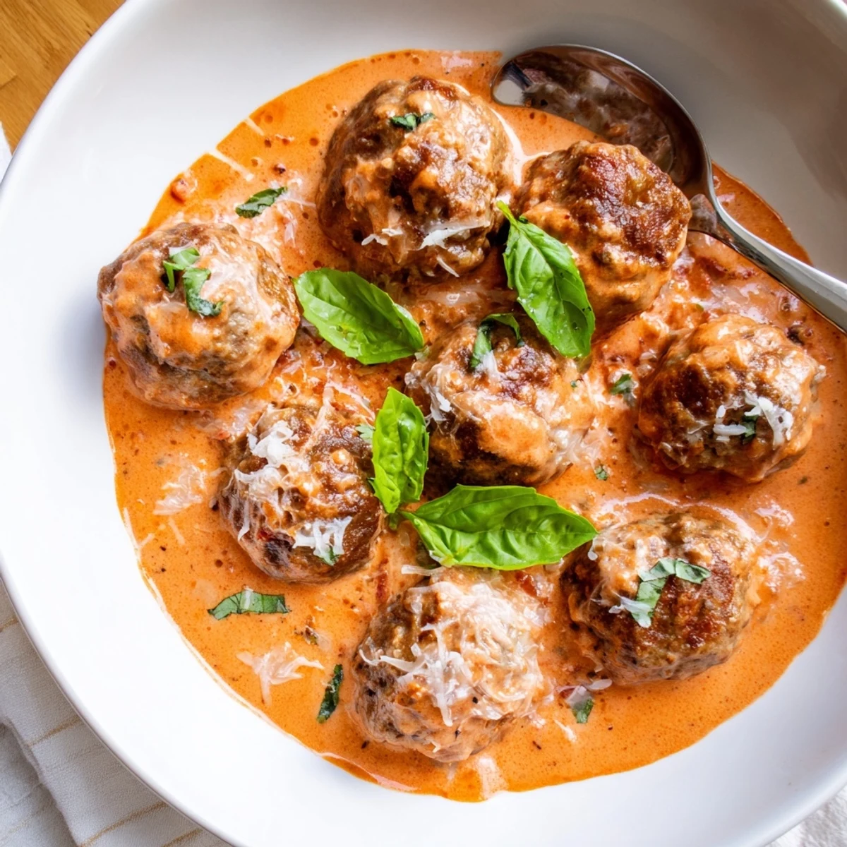 Tender creamy tomato basil meatballs nestled in a rich rust-colored sauce served over twirled spaghetti pasta