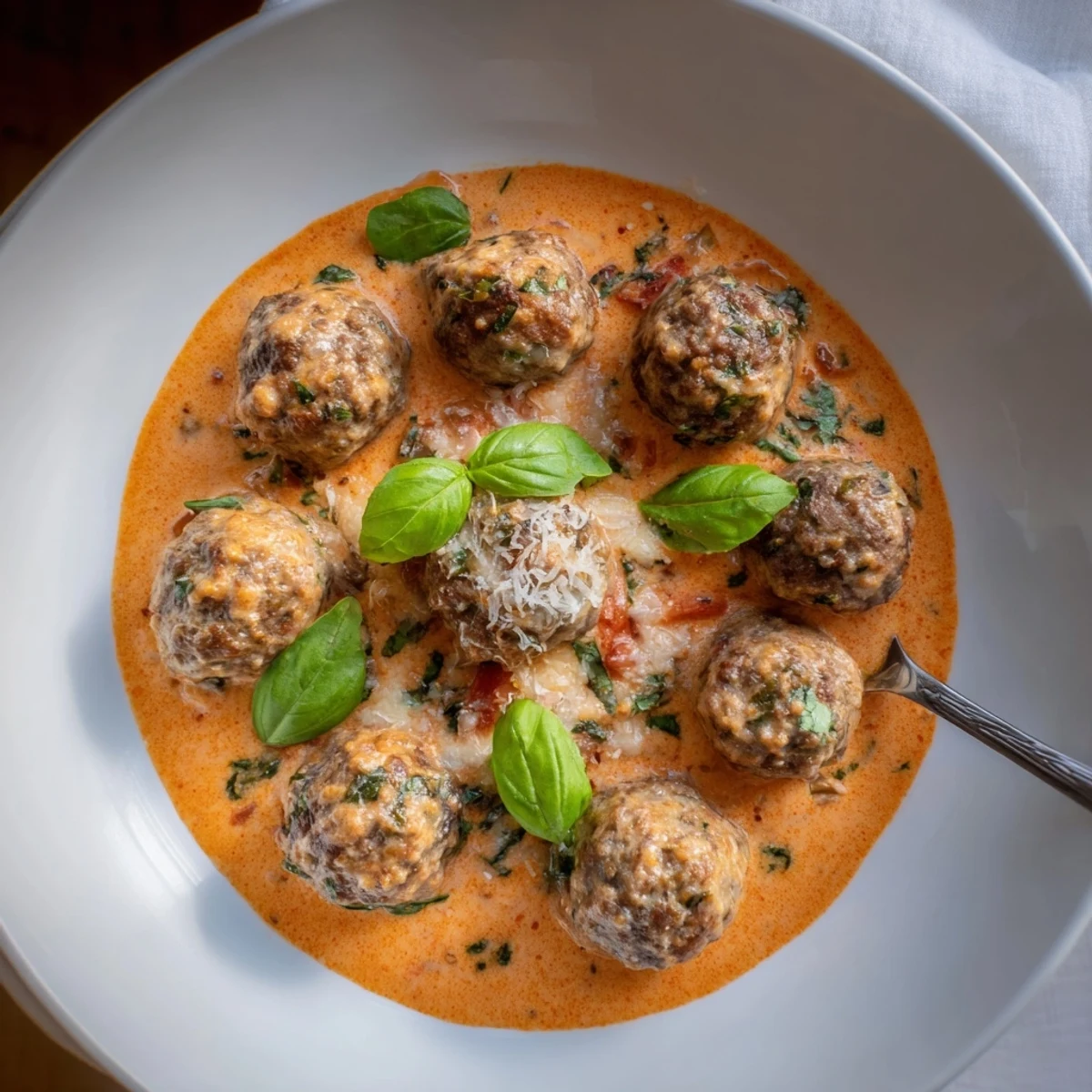 Steaming skillet of creamy tomato basil meatballs topped with chopped basil and a dusting of Parmesan cheese