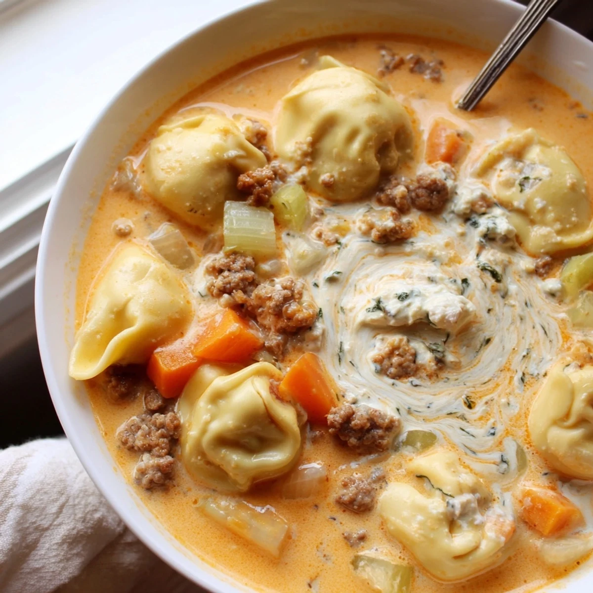Creamy butternut squash sausage tortellini soup topped with a golden sage cheese swirl