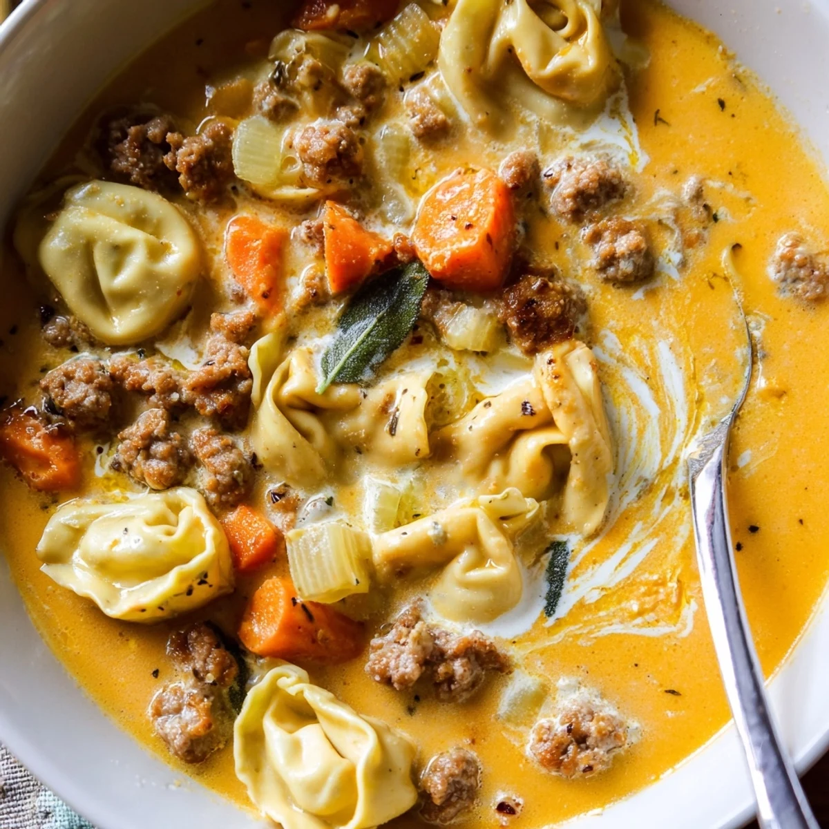 Steaming bowl of butternut squash sausage tortellini soup with pillowy pasta and creamy sage drizzle