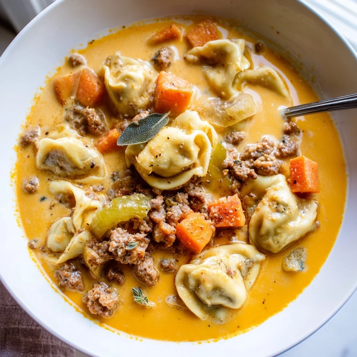 Rich butternut squash sausage tortellini soup garnished with fresh sage and melted cheese swirl