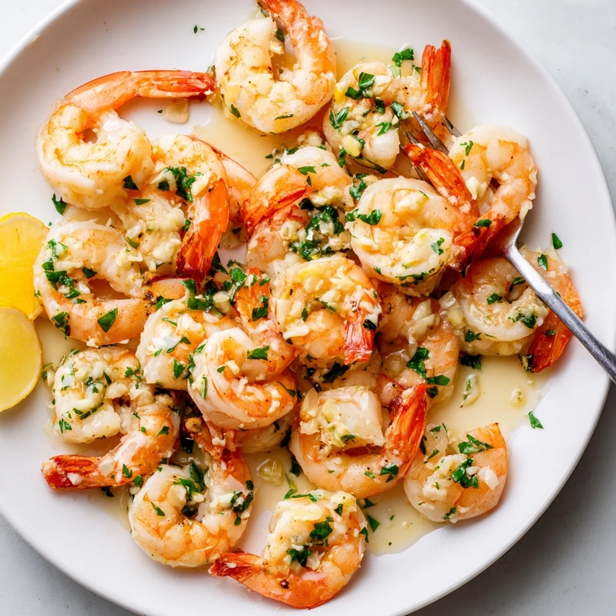 Golden buttered shrimp glistening in garlicky sauce with fresh parsley and lemon wedges