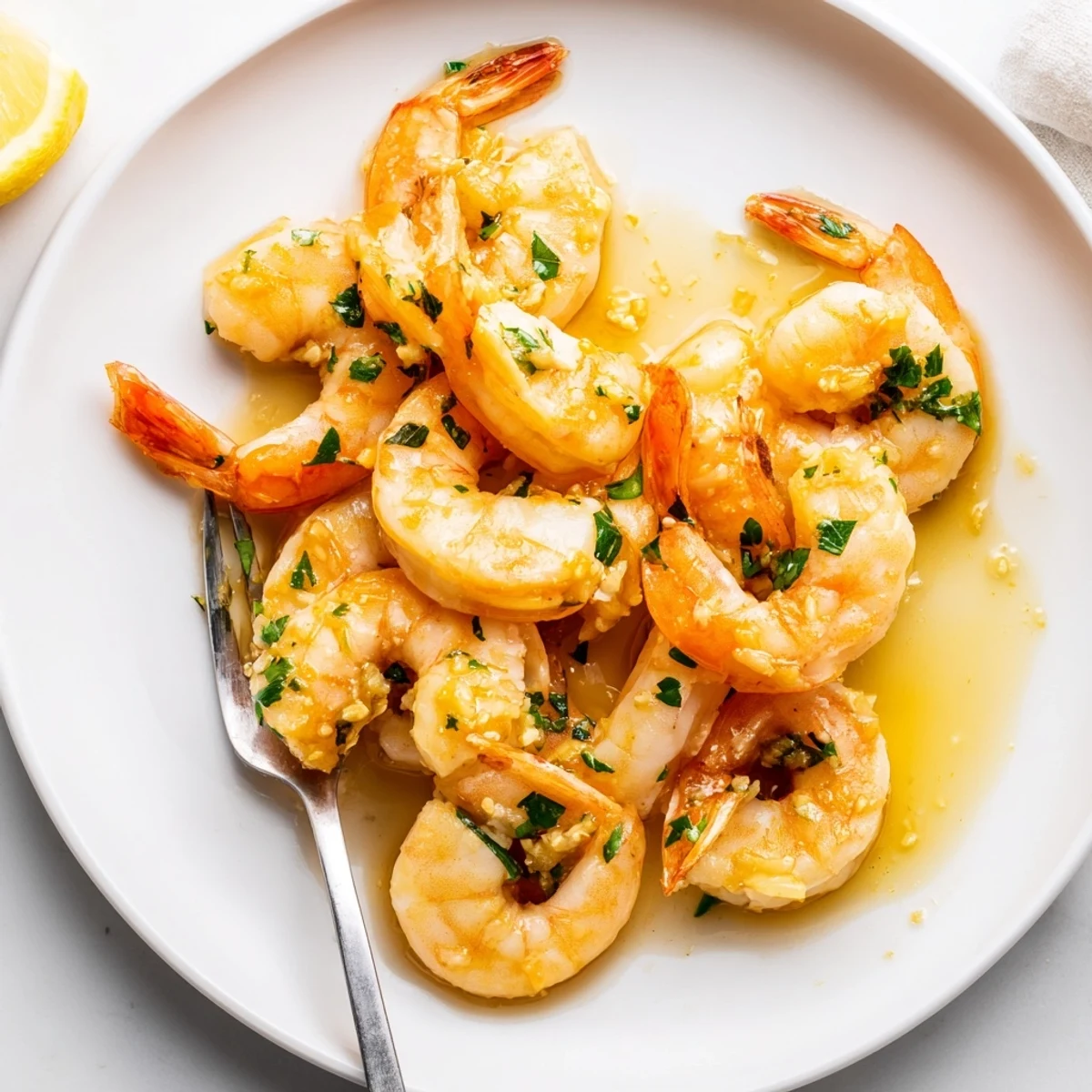 Plump buttered shrimp in a glossy garlic butter skillet garnished with chopped parsley