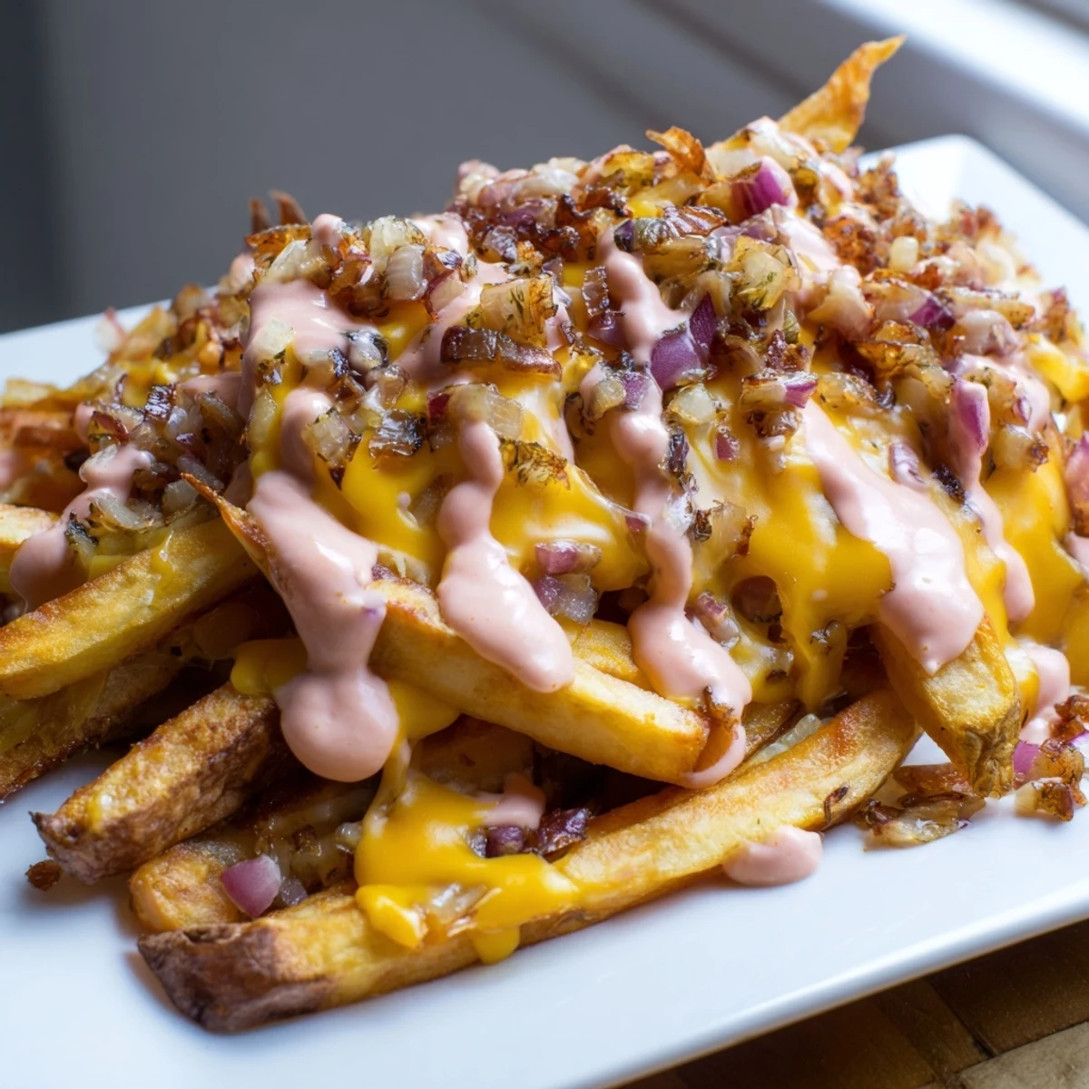 Crispy In-N-Out Animal Style Fries loaded with melted cheese and caramelized onions
