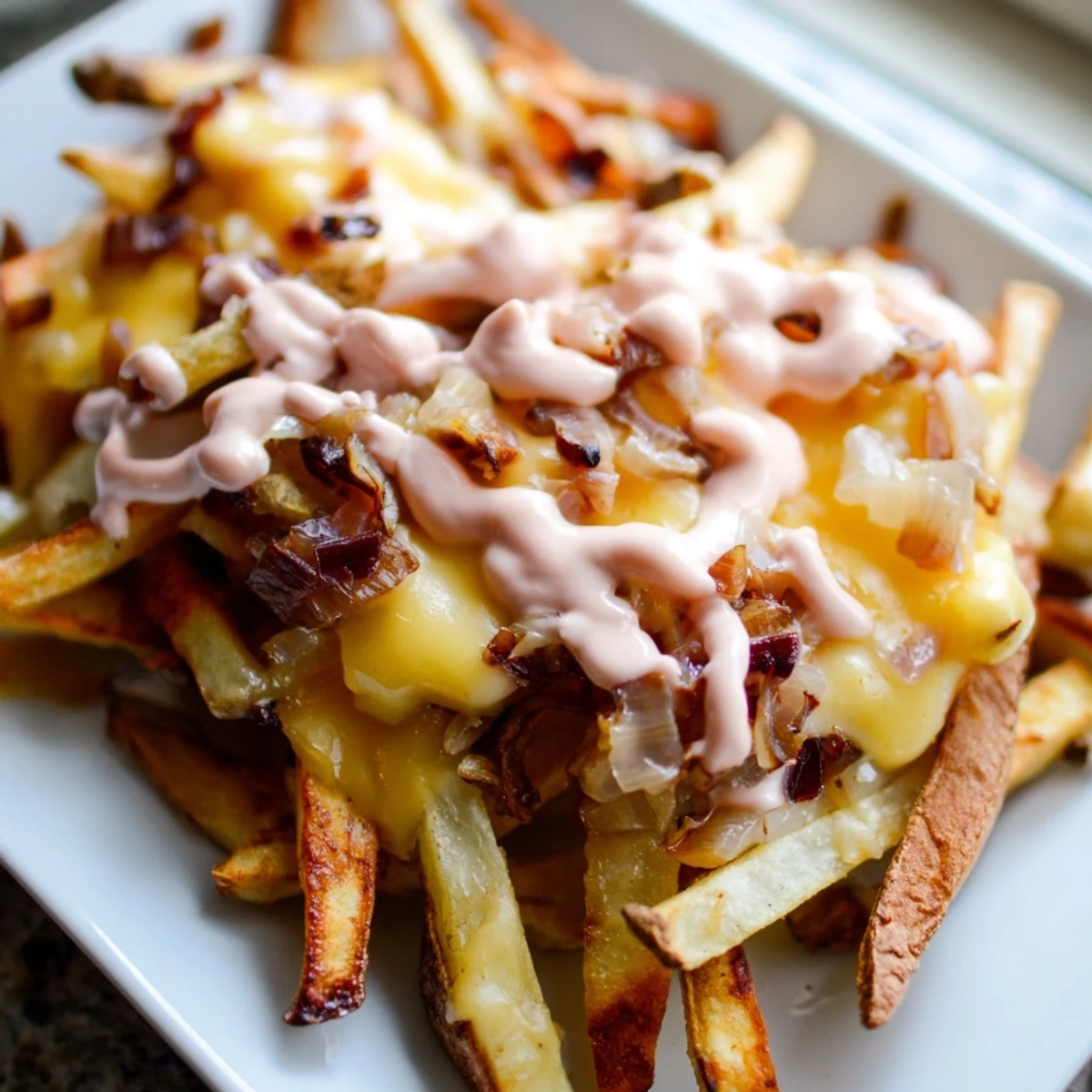 Golden fries smothered in cheese sauce inspired by In-N-Out Animal Style Fries