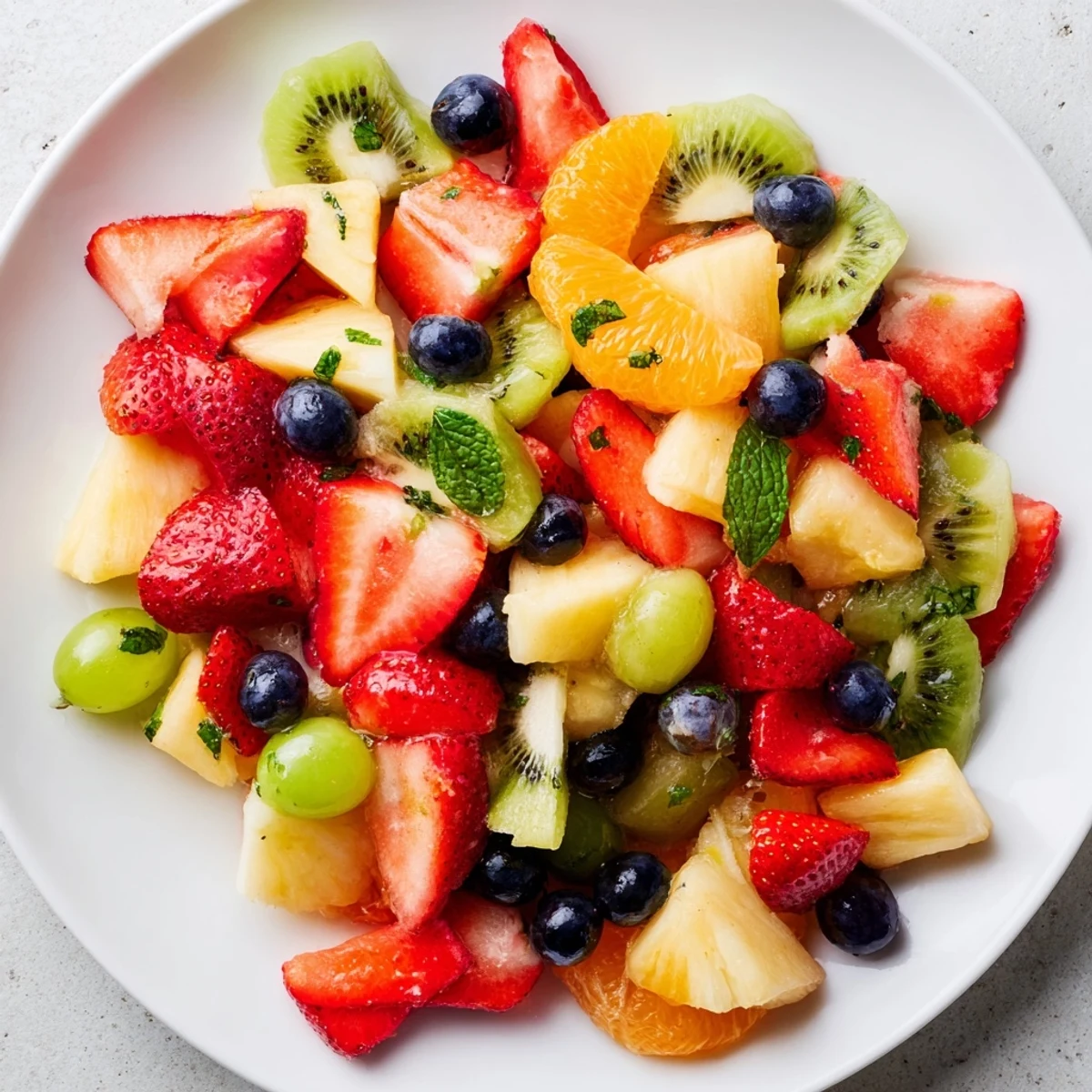 Bright fruit bowl featuring juicy pineapple, grapes, and orange segments glistening with honey